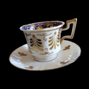 1825 Ridgway Teacup and Saucer, Blue and Gilt, Flowers Pattern #2/1000 Regency